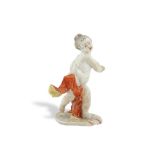 A NYMPHENBURG PORCELAIN FIGURE DEPICTING A FLEEING PUTTO, modelled balancing on one foot and