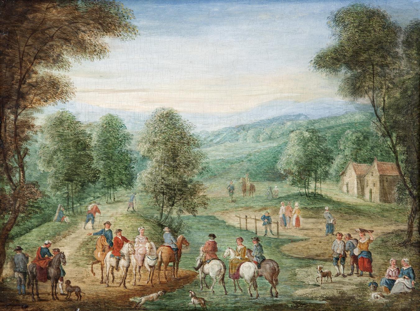 MANNER OF THEOBOLD MICHAU (1676-1765)Two groups of riders meeting at a ford, wooded pastoral - Image 2 of 3