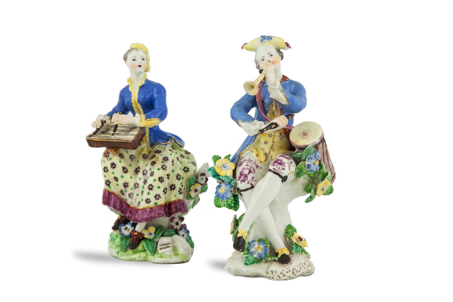 AN ASSEMBLED PAIR OF 18TH CENTURY ENGLISH PORCELAIN FIGURES, probably Bow, modelled as male and