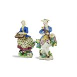 AN ASSEMBLED PAIR OF 18TH CENTURY ENGLISH PORCELAIN FIGURES, probably Bow, modelled as male and