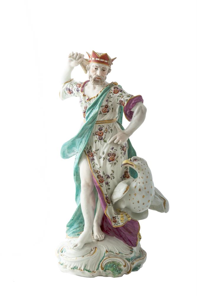 A FINE 18TH CENTURY DERBY PORCELAIN MODEL OF JUPITER, the crowned figure standing with his right arm