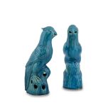 A PAIR OF 19TH CENTURY CHINESE TURQUOISE GLAZED PARROTS, in Kangxi style, each modelled perched on