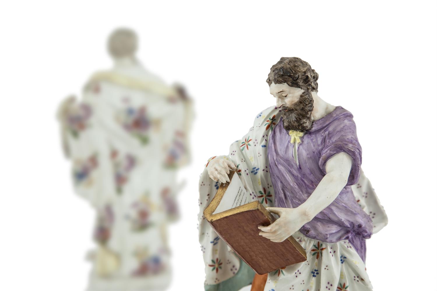 A PAIR OF 18TH CENTURY MEISSEN PORCELAIN FIGURES, modelled as saints, each inscribed with title - Image 2 of 3