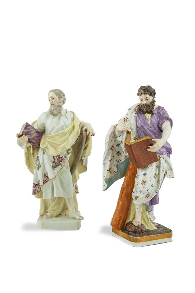 A PAIR OF 18TH CENTURY MEISSEN PORCELAIN FIGURES, modelled as saints, each inscribed with title