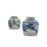 A PAIR OF 19TH CENTURY CHINESE BLUE AND WHITE PORCELAIN GINGER JARS, with covers decorated with