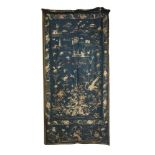 A CHINESE SILK EMBROIDERED RECTANGULAR PANEL, the central vignette depicting a female figure