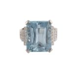 AN AQUAMARINE AND DIAMOND RINGThe rectangular-cut aquamarine weighing approximately 27.00cts,