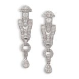 A PAIR OF ART DECO DIAMOND PENDENT EARRINGS, CIRCA 1930Each elongated plaque composed of articulated