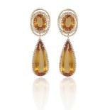 A PAIR OF CITRINE AND DIAMOND PENDENT EARRINGS, BY MARGHERITA BURGENEREach surmount designed as an