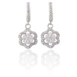 A PAIR OF DIAMOND PENDENT EARRINGSEach designed as a cluster highlighted by round brilliant-cut