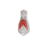 AN ART DECO DIAMOND AND CORAL CLIP BROOCH, CIRCA 1930Of geometric design, set with a coral plaque,