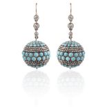 A PAIR OF TURQUOISE AND DIAMOND EARRINGS, CIRCA 1860Each designed as a spherical bead, set with