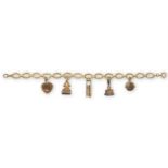 A GEM-SET AND GOLD CHARM BRACELETThe marquise-link chain, suspending 5 assorted charms, the chain