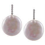 A PAIR OF CULTURED PEARL AND DIAMOND PENDENT EARRINGSEach light pink fresh water cultured pearl