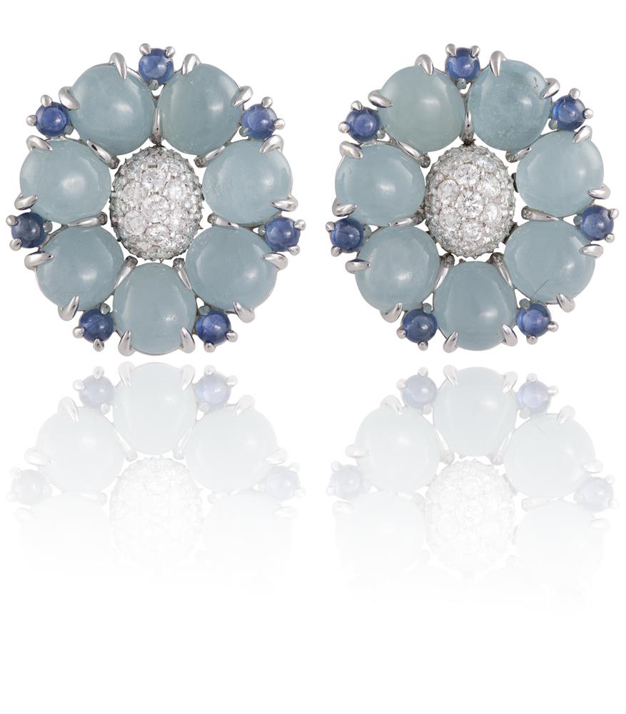 A PAIR OF AQUAMARINE, SAPPHIRE AND DIAMOND EARRINGS, BY SEAMAN SCHEPPSEach earring set with a