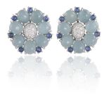 A PAIR OF AQUAMARINE, SAPPHIRE AND DIAMOND EARRINGS, BY SEAMAN SCHEPPSEach earring set with a