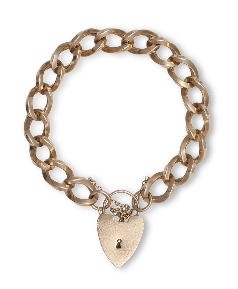 A GOLD BRACELET WITH A HEART-SHAPED PADLOCKThe curb-link bracelet with security chain, with a