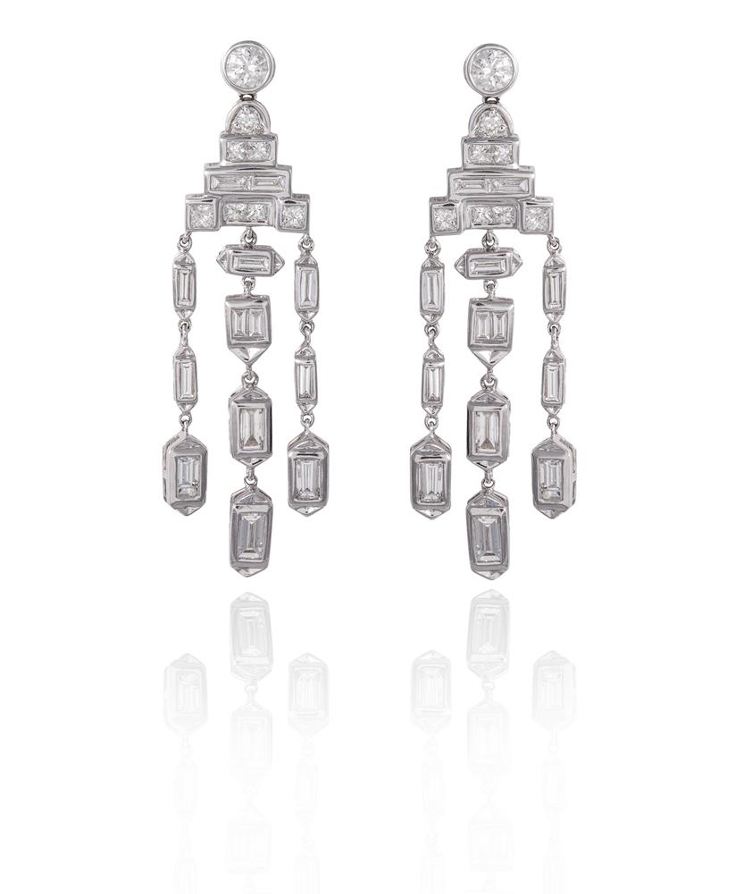 A PAIR OF DIAMOND CHANDELIER PENDENT EARRINGSOf chandelier design, each set throughout with round