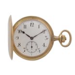 AN 18K GOLD CASE FULL HUNTER POCKET WATCH, BY OMEGAThe white enamel dial with black Arabic