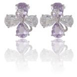 A PAIR OF AMETHYST, TOPAZ AND DIAMOND EARRINGSEach earring designed as a flower, the petals set with