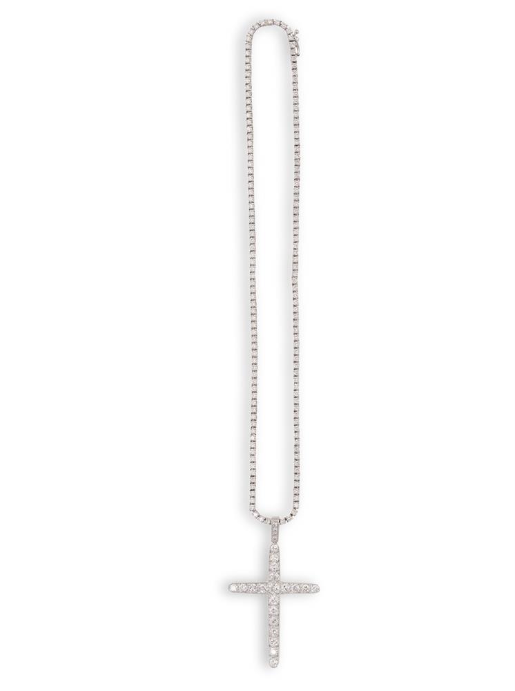 A DIAMOND LINE NECKLACE TOGETHER WITH A DIAMOND CROSS PENDANTComposed of a series of round