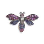A SAPPHIRE AND PEARL BUTTERFLY BROOCHThe stylised butterfly set throughout with cushion-cut and