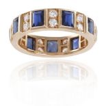 A SAPPHIRE AND DIAMOND ETERNITY RINGThe continuous row of rectangular-cut sapphires, alternating