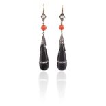 A PAIR OF ONYX, DIAMOND AND CORAL PENDENT EARRINGS, CIRCA 1920Each onyx drop split by a single-cut