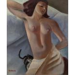 Cecil Ffrench Salkeld ARHA (1904-1969)Reclining Nude with KittenOil on board, 29 x 24.5cm (11½ x