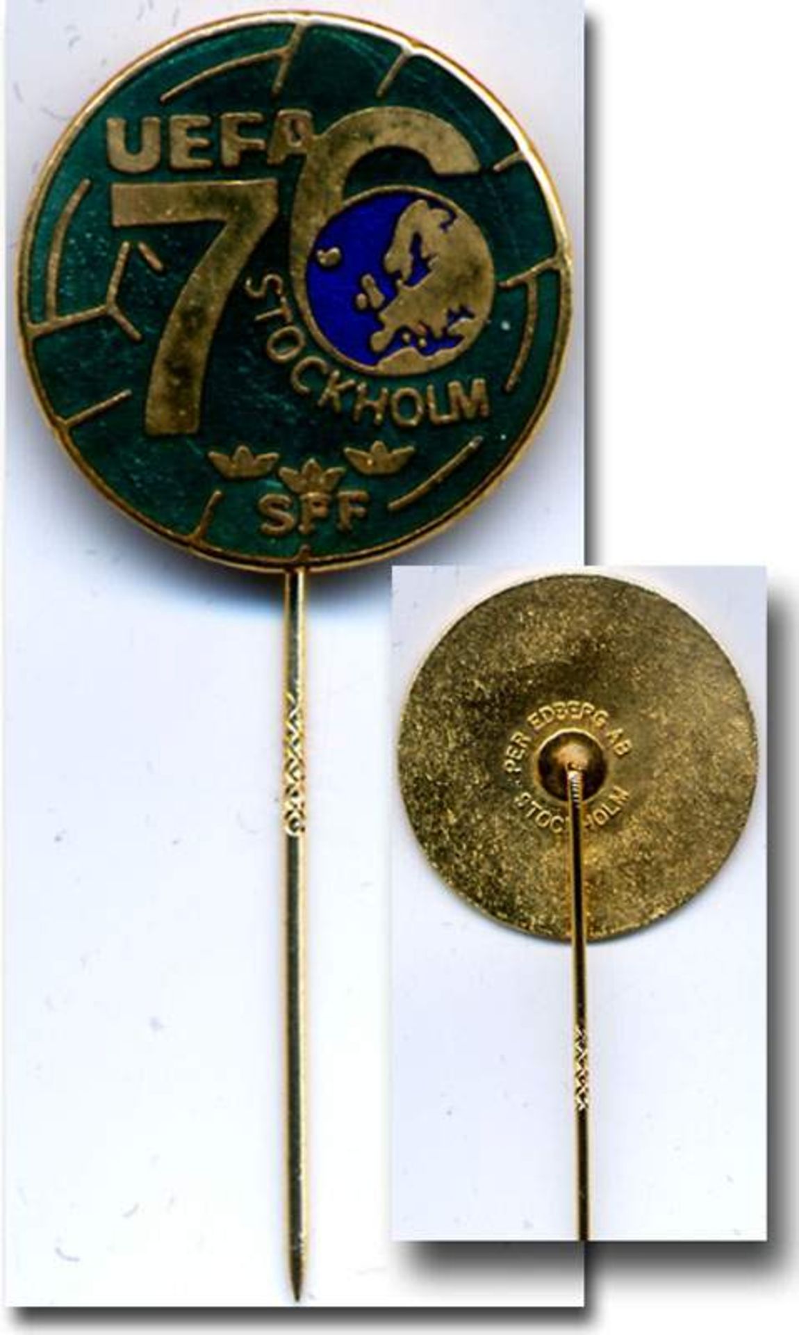 UEFA - Congress 1976. Participation badge - "UEFA Stockholm 76 SFF". Bronze, gilt, mc enameled, 2.