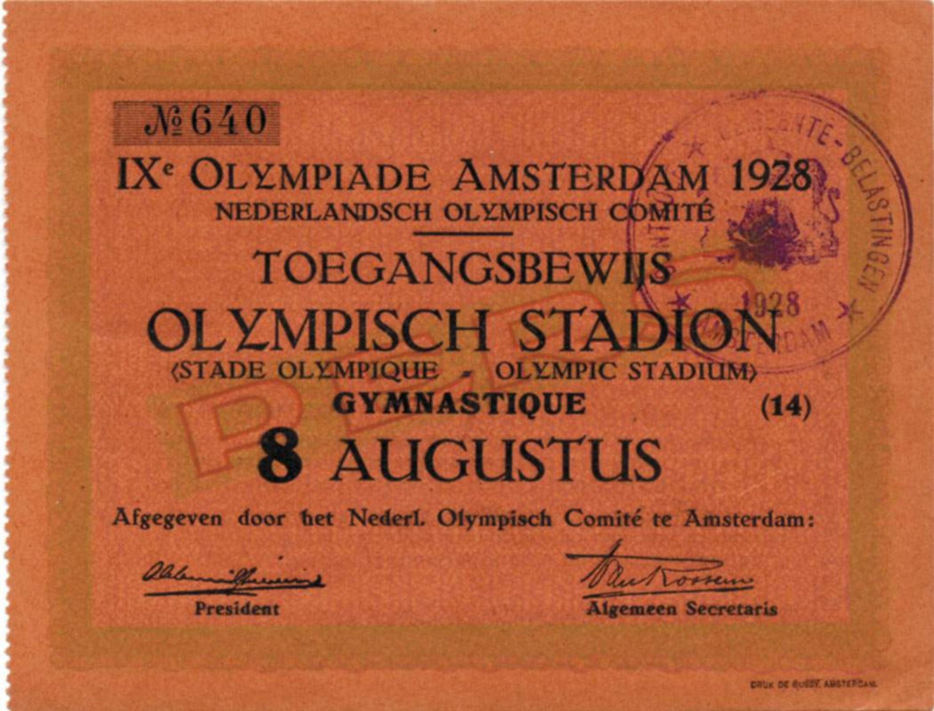 Olympic Games 1928. Gymnastics Ticket Amsterdam - IXe Olympiade Amsterdam 1928. Gymnastique 8th