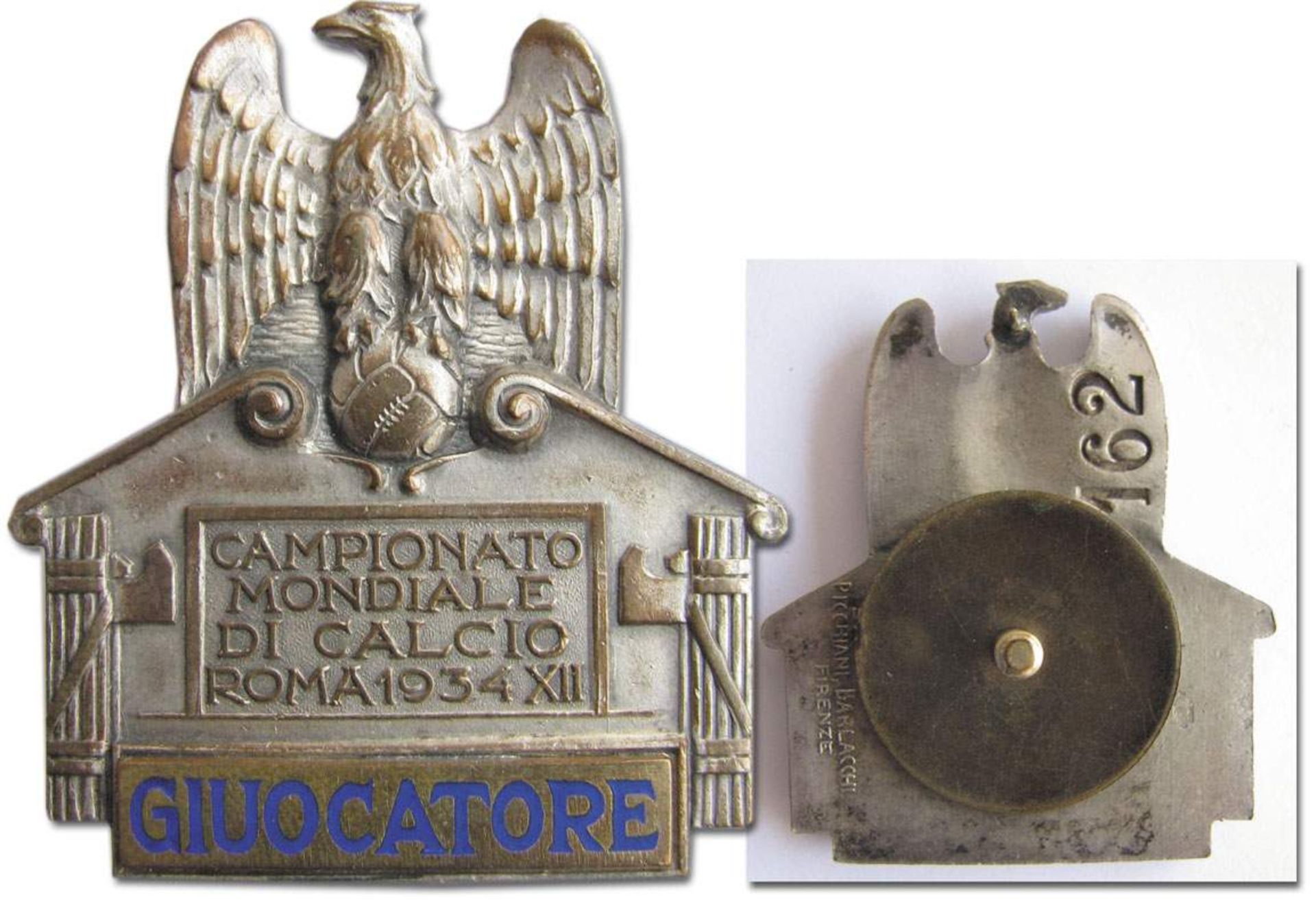 Participation Badge: World Cup 1934.  Player - Numbered official badge "159", Giuocatore(