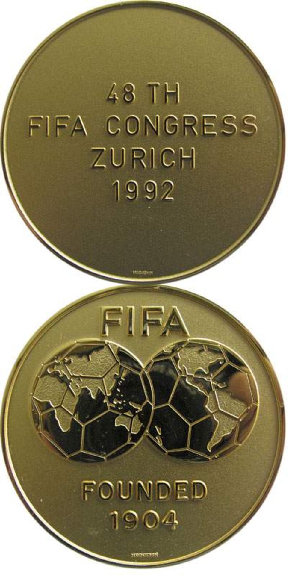 FIFA Congress 1992 Zurich. Participation medal - 48th Congress. Gold plated, size 5 cm. EF.  FIFA-