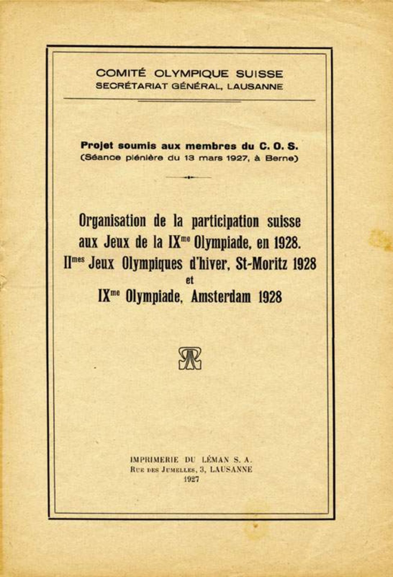 Olympic Games 1928 Pre Official Report Swiss - Official report about the preparations of the Swiss