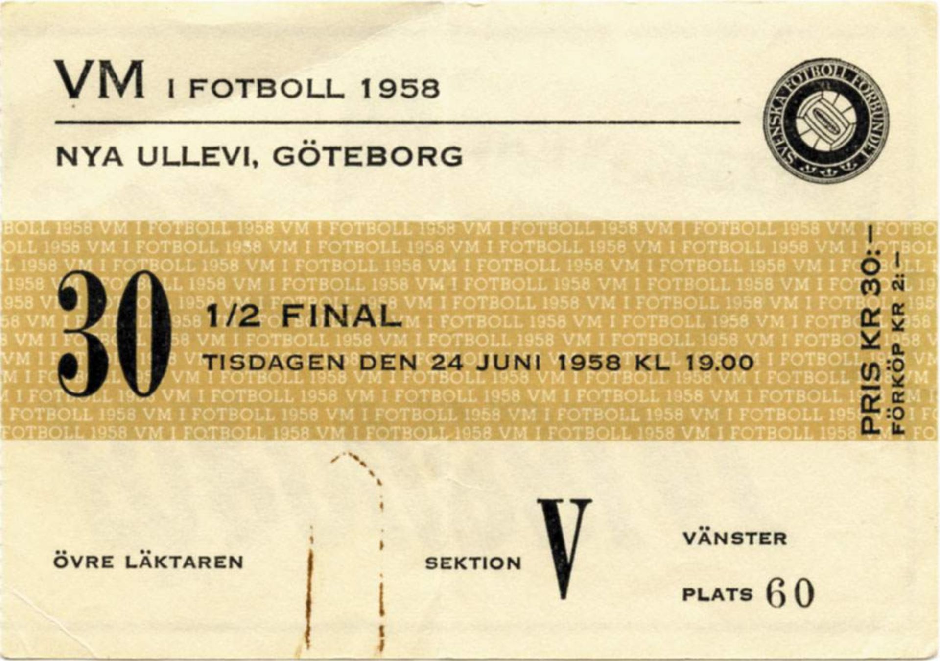 Ticket: World Cup 1958. Germany v Sweden - Semifinal Germany vs Sweden 24th June 1958 in Goetheborg.