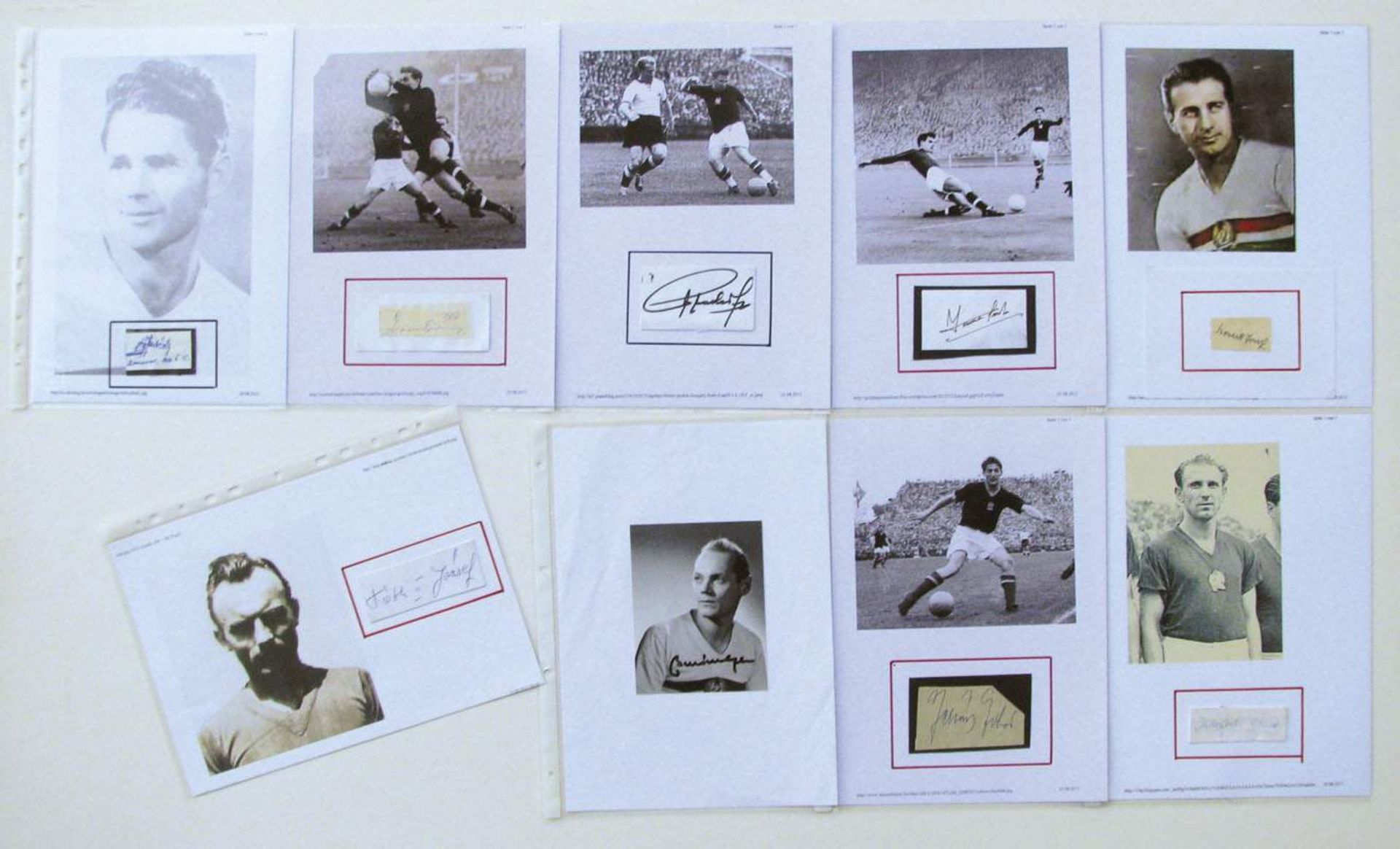 Autographs World Cup Stars 1954. Hungary - Nine sheets (29.7x21 cm) with photo and mounted
