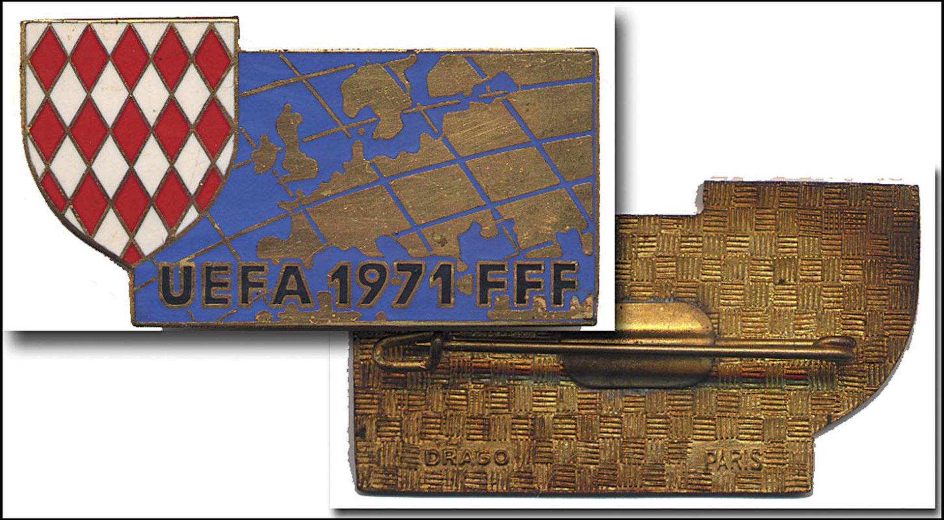 Participation badge UEFA-Congress 1971 - "UEFA 1971 FFF", bronze gold plated with m/c enamel, size