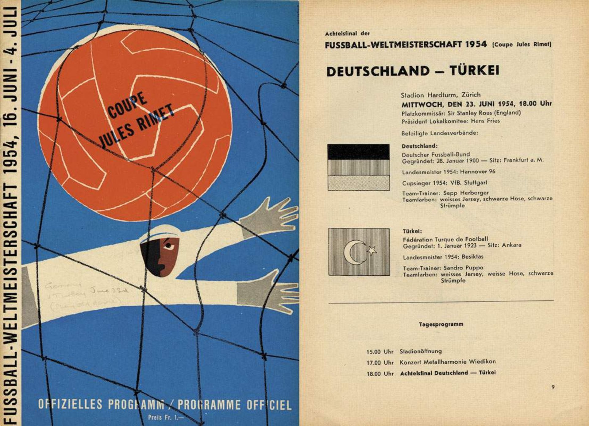 World Cup 1954. Programme Germany v Turkey - Official programme match for 2nd place in group 2