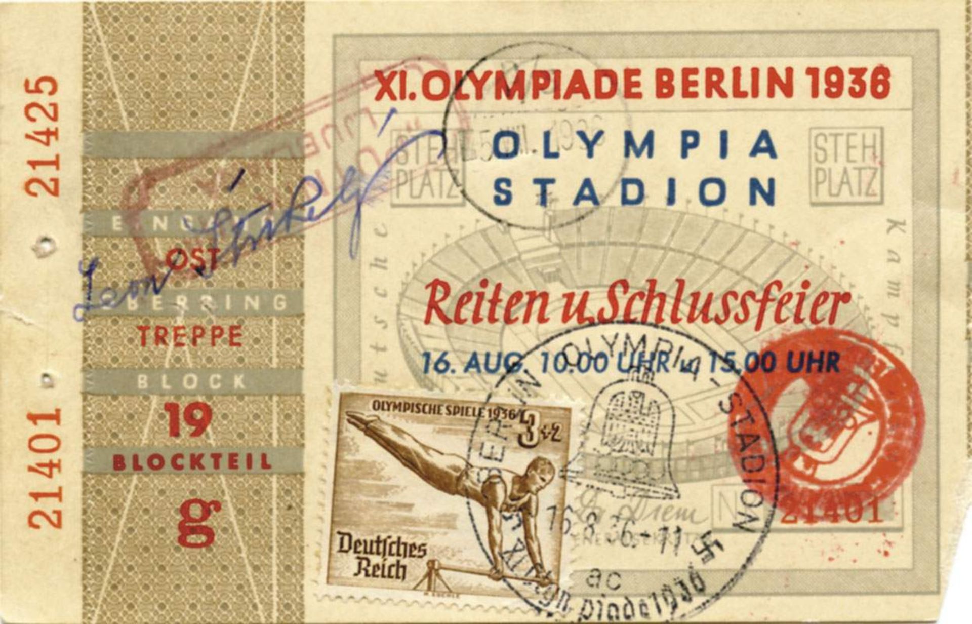 Olympic Games 1936 Autographed Ticket - Original ticket 1936 "Reiten u. Schlussfeier 16.8.1936"
