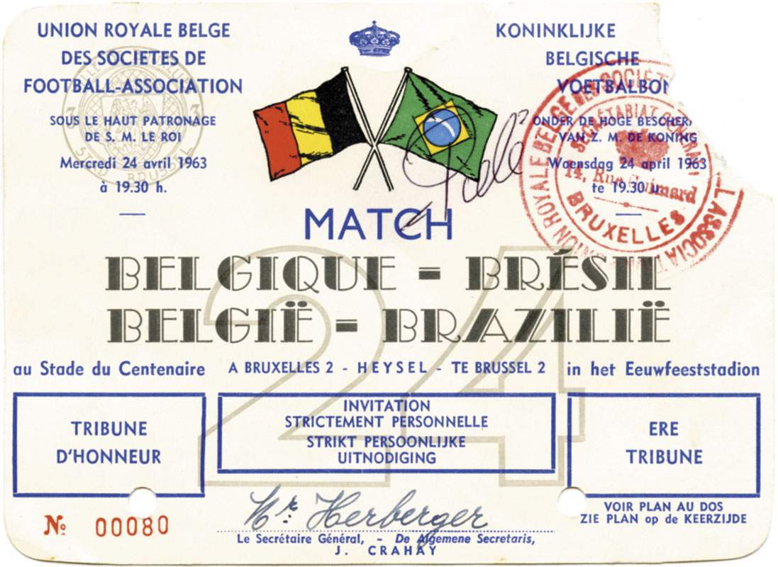 Pele Autographed Football Ticket 1963 Belgium v - VIP ticket for the international match Belgium -