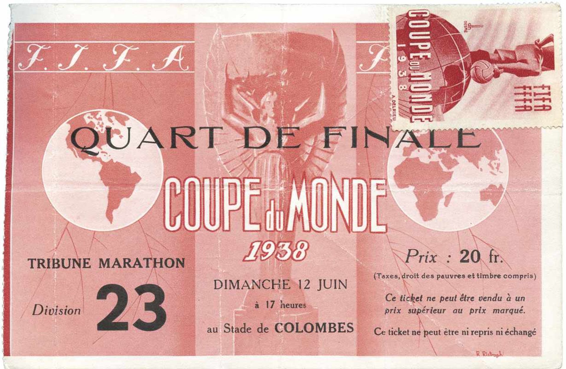 World Cup 1938. Ticket Italy v France - Quarterfinal Italy v France (3:1) in Paris 12th june 1938