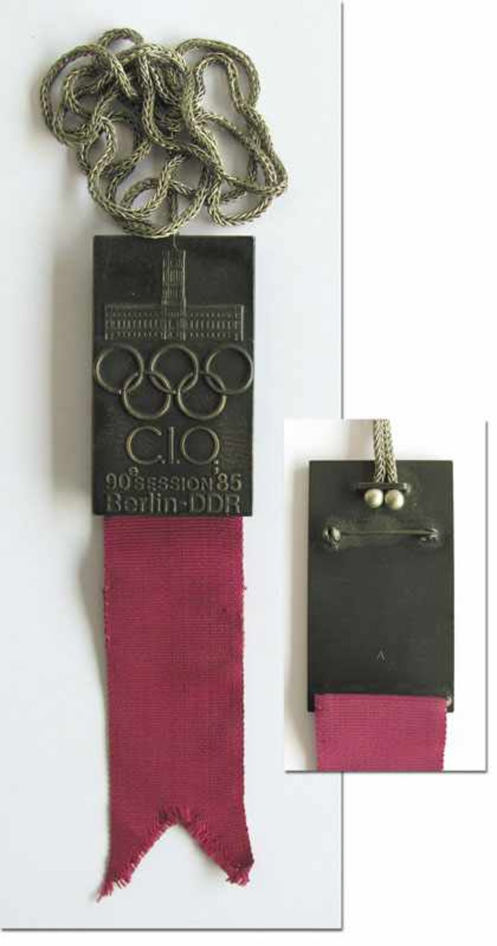 IOC-Session 1985 Official Participation badge - Bronze, silver plated with chain and violet silk