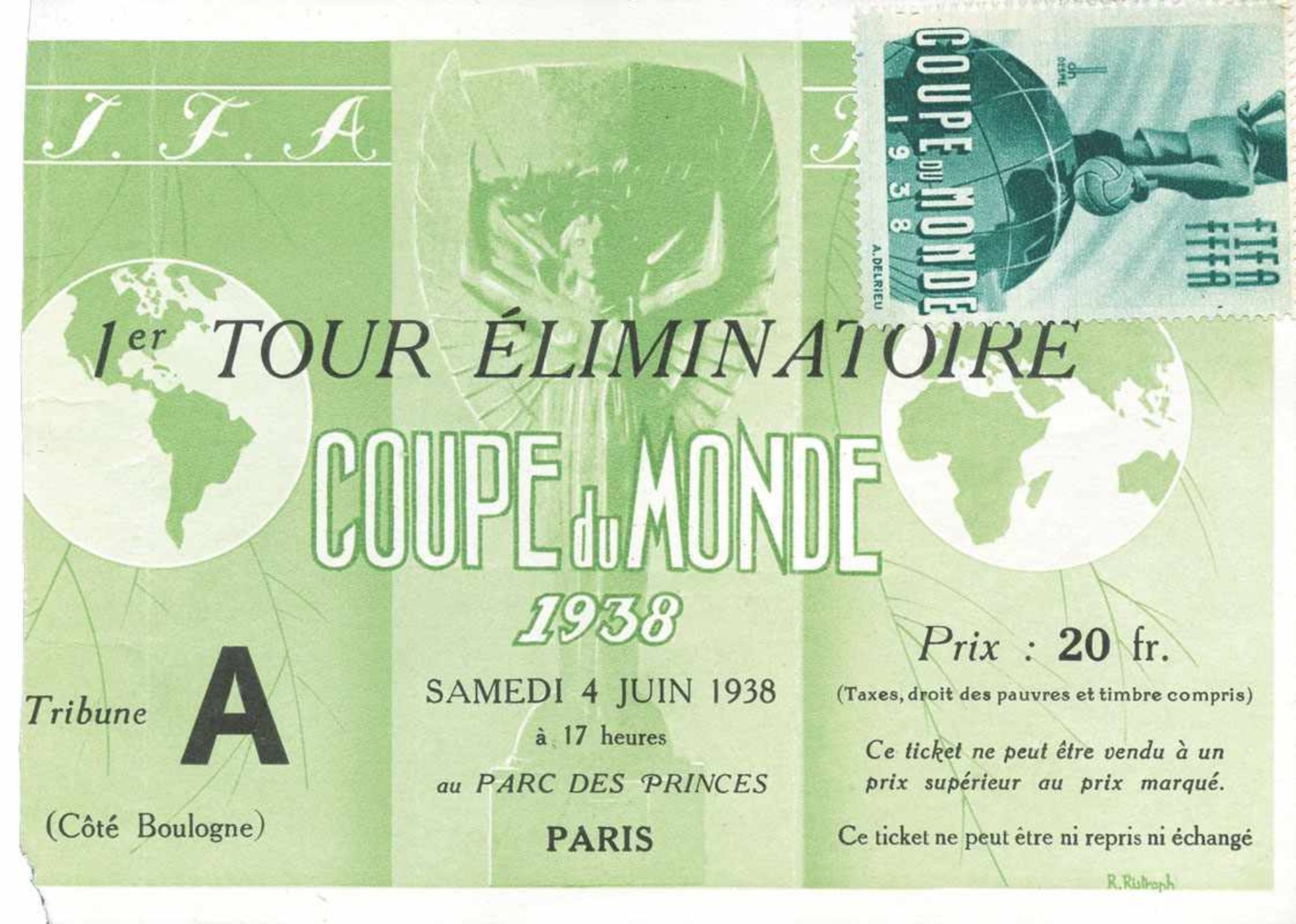 World Cup 1938. Ticket Germany v Switzerland - "Coupe du Monde 1938. 1er Tour Éliminatoire. Samedi 4