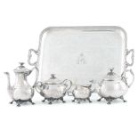 A CHRISTOFLE TEA SET, Marked, 5 pieces, one tray, one teapot, one ewer, one milkpot, one sugar bowl,