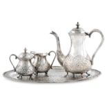 A SILVER TEA SET, Marked "Pak 94 Sil.", 4 pieces, one tray, one teapot, one milkpot and one sugar