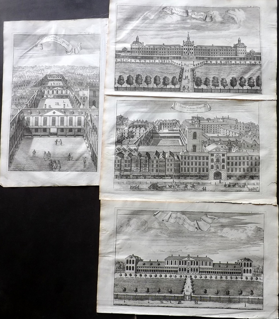 London - Stow, John 1720 Group of 4 Architectural Prints of London Hospitals. Incl Hoxton, St.