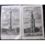 London - Stow, John 1720 Pair of Architectural Prints. Bow Church & The Monument. Copper Plate