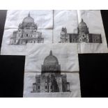 London - Stow, John 1720 Group of 3 Large Architectural Prints of St. Pauls by Jan Kip. Copper