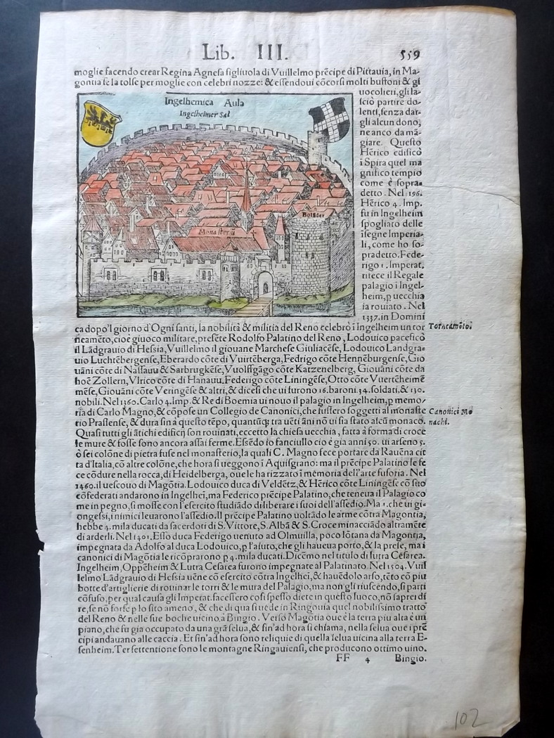 Munster, Sebastian C1580 Hand Coloured Woodcut of Ingelheim, Germany. Woodcut Published 1544-1628