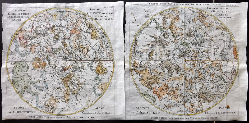 Pluche, Noel Antoine 1746 Pair of Hand Coloured Celestial Maps. North & South Constellations. "